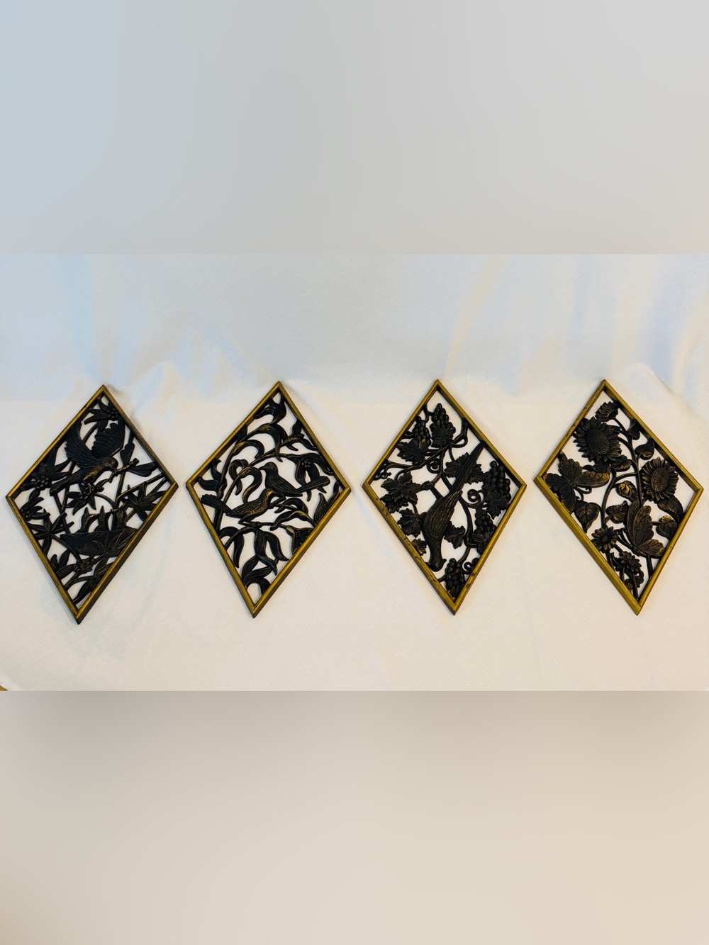 Vintage 1972 Burwood Wall Plaques Set of 4 Birds Sunflowers Grapes MCM Diamond